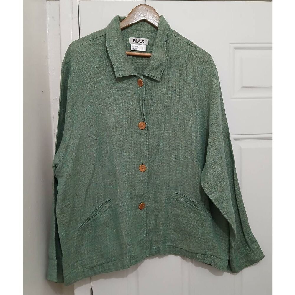 Flax womens large 100% linen jacket Light button sage green Luxury Spring
